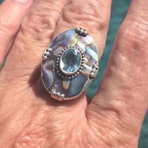 Medan Sterling Silver BlueTopaz & Abalone Ring Size 6